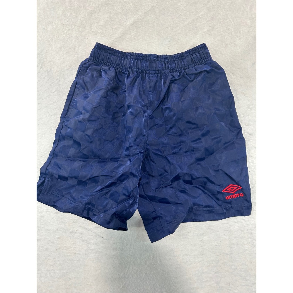 Umbro Boys Navy Blue Checkerboard Soccer Shorts Size Small 6/7 Red Logo Athletic